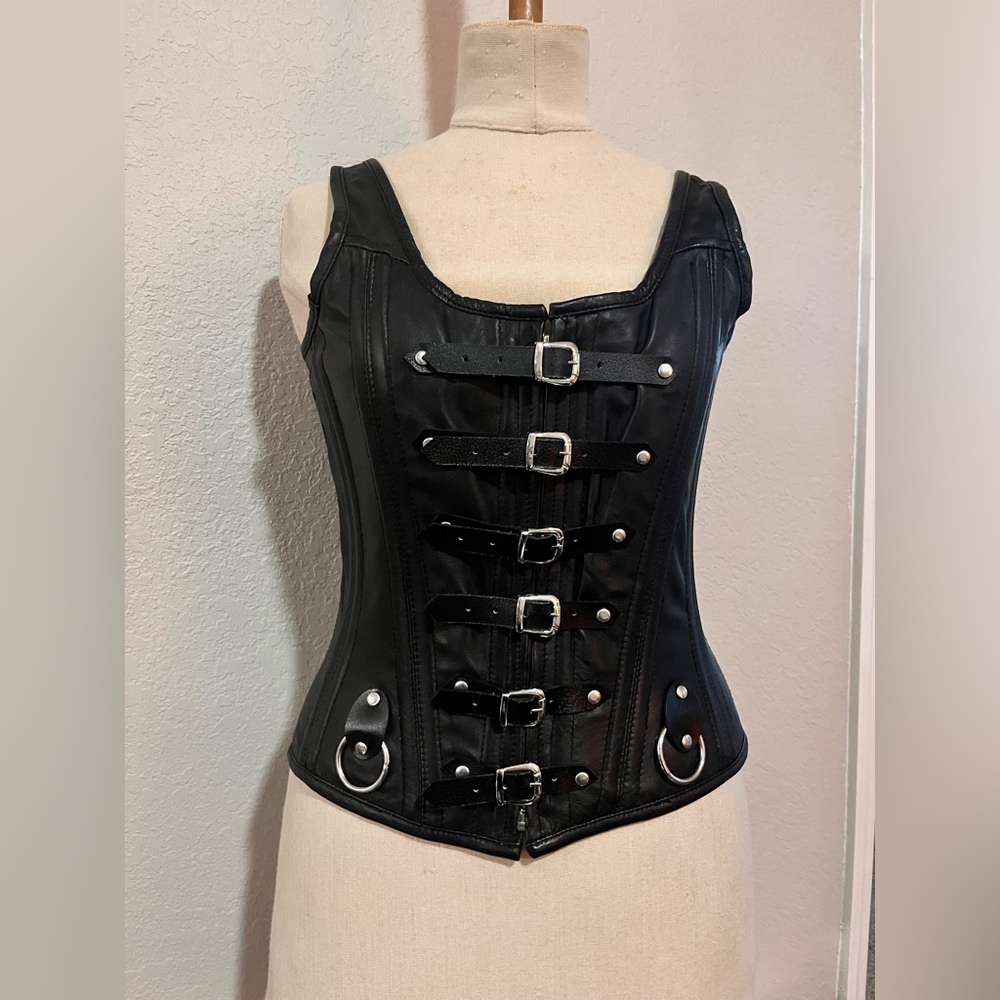 Black leather corset with O rings and buckles, 28” waist